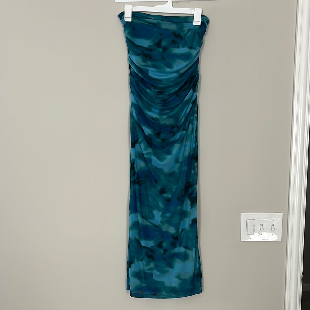 Blue Maternity Tie-Dye Strapless Dress